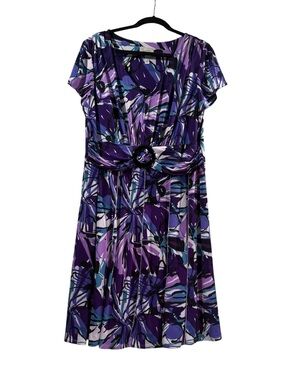 DressBarn Purple Abstract Print Dress Size 16 Belted Fit & Flare
